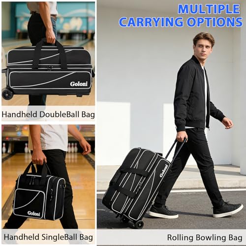 Goloni 3 Ball Bowling Bag with Wheels, Rolling Bowling Roller Bag with Retractable Handle for Balls & Bowling Accessories - color: 4 Ball-Black