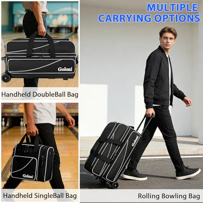 Goloni 3 Ball Bowling Bag with Wheels, Rolling Bowling Roller Bag with Retractable Handle for Balls & Bowling Accessories - color: 4 Ball-Black