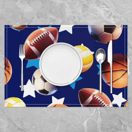 Erosebridal Ball Games Placemats Set of 4 12x18 Stars Sports Place Mat for Boys Men Soccer Baseball Basketball Volleyball Blue Heat Resisting Table Mats - color: Blue