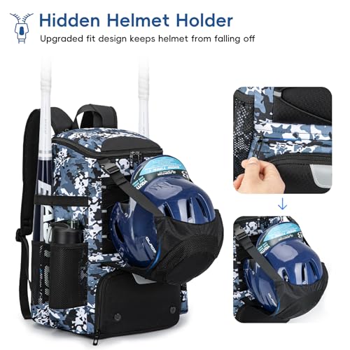 KAVIGOR Baseball Bag for Youth and Adult, Softball Backpack 40L Large Capacity, Bat Backpack with Shoes Compartment and Hidden Helmet Holder - color: Blue Camo