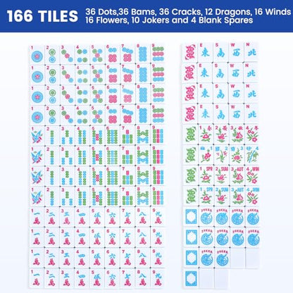 American Mahjong Tile Set,166 Blue Tiles Mahjong Set,4 Colors Mahjong Racks,Travel Mahjong Set with Blue Carrying Bag - style: Blue Bag--Blue Tile