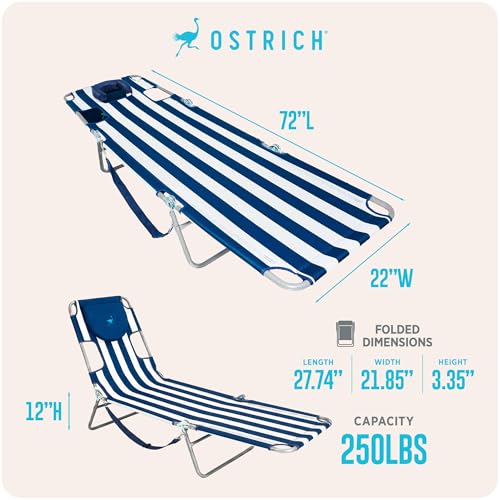 Ostrich Beach Lounge Chair, Folding & Reclining Outdoor Chaise Lounger, Blue/White Striped - Portable Adjustable Recliner Chair for Lawn, Pool, Patio, Garden, and Yard - color: Striped, style: Standard Chaise