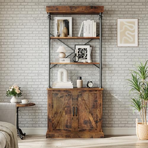 TrailBlaze Industrial Tall Bookshelf with Doors and Cabinet - 5-Tier Vintage Wood & Metal Bookcase - Freestanding Storage Display Rack - Living Room, Bedroom, Home Office - color: Rustic Brown