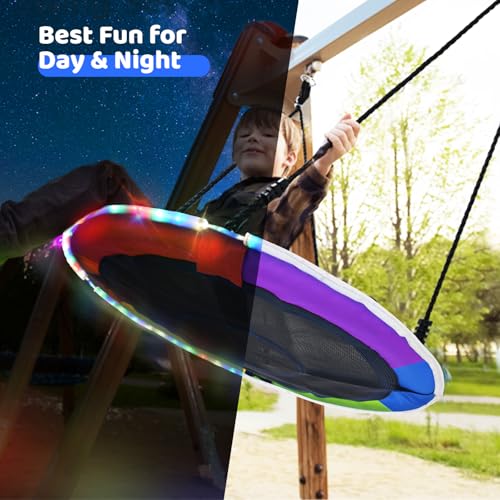 Trekassy 700lbs 40" Saucer Tree Swing for Kids Adults Outdoor with LED Lights, 2 Tree Hanging Straps-Rainbow - color: Rainbow