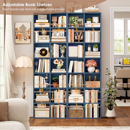 FOTOSOK 71'' Tall Bookshelf with 14 Cubes, 7 Tier Double Wide Bookshelf with 6 Adjustable Shelves, 19.6" Narrow Bookcase DVD/CD Media Storage Shelf, Space Saving Display Shelf Cabinet, Blue - color: Blue