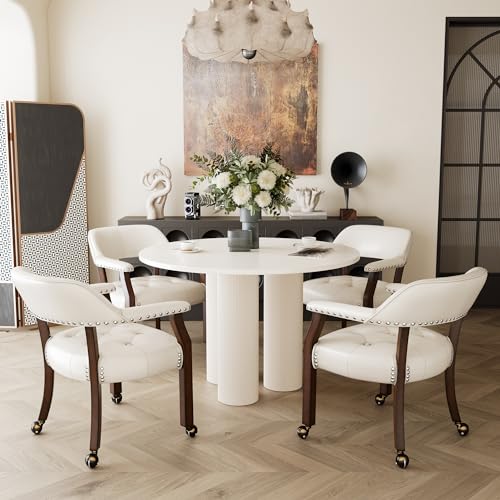 Set of 4 Dining Leather Chairs with Casters & Arms, Accent Captain Chair with Wheels, Roller Wood Wheeled Chairs for Kitchen & Game Poker Table,Cherry&Ivory 1533WT(NO Table!) - color: Cherry&ivory