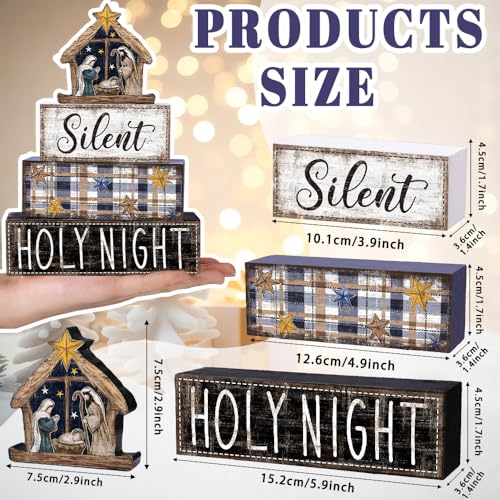 DIYDEC 4Pcs Christmas Table Decoration Christmas Jesus Wooden Block Sign Xmas Tiered Tray Decor Winter Centerpiece Decorative Sign for Holiday Tabletop Coffee Fireplace Shelf Desk Party Decor - style: Blue Jesus