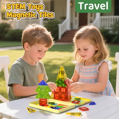 Mini Magnetic Tiles for Kids Ages 4-8, 40PCS Portable Travel Toys with Visual Storage Guide & Metal Storage Box, Compact Magnetic Building Blocks for Toddlers 3-5 Travel Activities - style: Diamond Texture Mini Magnetic Tiles - 40 PCS