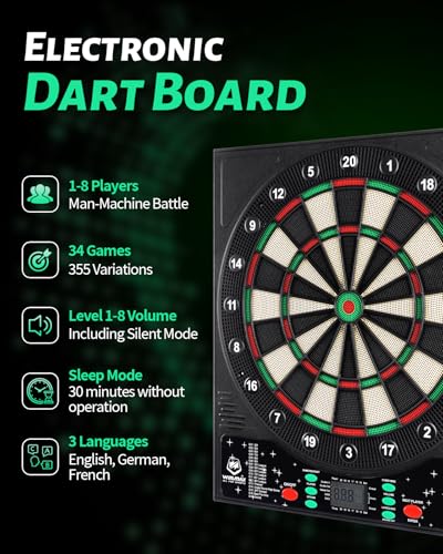 WIN.MAX Electronic Dart Board, Soft Tip Digital Dartboard for Adults, 34 Games 355 Variants Auto Scoring, 12 Darts 100 Tips, Adapter/Batteries, LCD Display Wall Mount for Home Bar Party Game Room