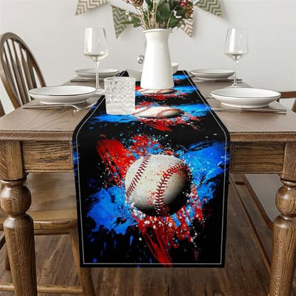 Baseball Games Tie Dye Table Runner for Boys Teens Girls,Baseball Table Runners 13X60 Inch,Ball Games Sports Rectangular Runner Waterproof Table Center Decor - size: 60"x13"
