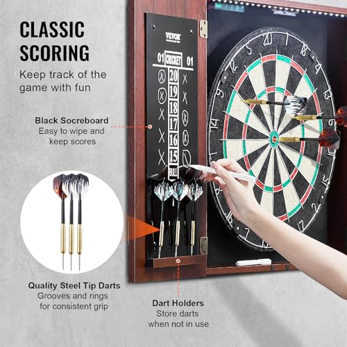 VEVOR Dart Board Cabinet Set, Multiple Styles Ready-to-Play Bundle Official Size, Steel Tip Dart Hideaway Cabinet, Features Easy Assembly, Complete with All Accessories, Perfect for Cricket Games - size: 43.3" x 21.3" x 4.3", style: Hideaway Style w/Light