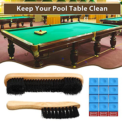 3 Set Billiards Pool Table and Rail Brush Including 12 Pieces Pool Cue Chalk Cubes Snooker Table Wooden Cleaning Brush Kit Table Billiards Accessories, 9 Inches (Beige)