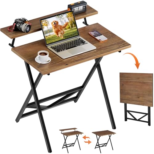 WOHOMO Folding Computer Desk with Adjustable Height, 23.6" x 31.5" x 25.6" Foldable Table with Monitor Stand, Small Office Desk for Bedroom, Space Saving Desk for Home Office, Easy Assemble, Walnut - color: Walnut