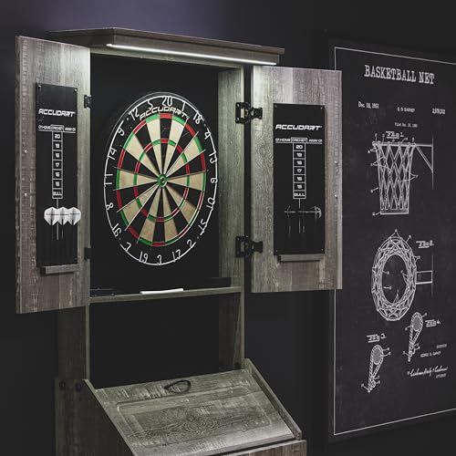 Accudart Dartboard Cabinet Set with LED Lighting – Premium Brazilian Sisal Board, Staple‑Free Razor Wire, Weathered Grey Cabinet, Built‑in Storage, Dual Chalkboards – Includes Steel‑Tip Darts