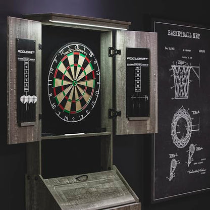 Accudart Dartboard Cabinet Set with LED Lighting – Premium Brazilian Sisal Board, Staple‑Free Razor Wire, Weathered Grey Cabinet, Built‑in Storage, Dual Chalkboards – Includes Steel‑Tip Darts