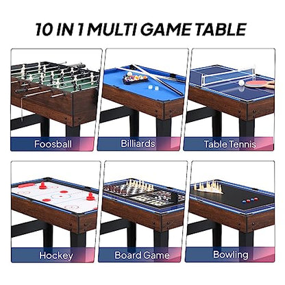PEXMOR 10-in-1 Multi Game Table for Adults, 48" Combo Game Table for Game Room, Game Table Set for Family w/Hockey, Foosball, Pool, Ping Pong, Shuffleboard, Chess, Checkers, Bowling, Backgammon