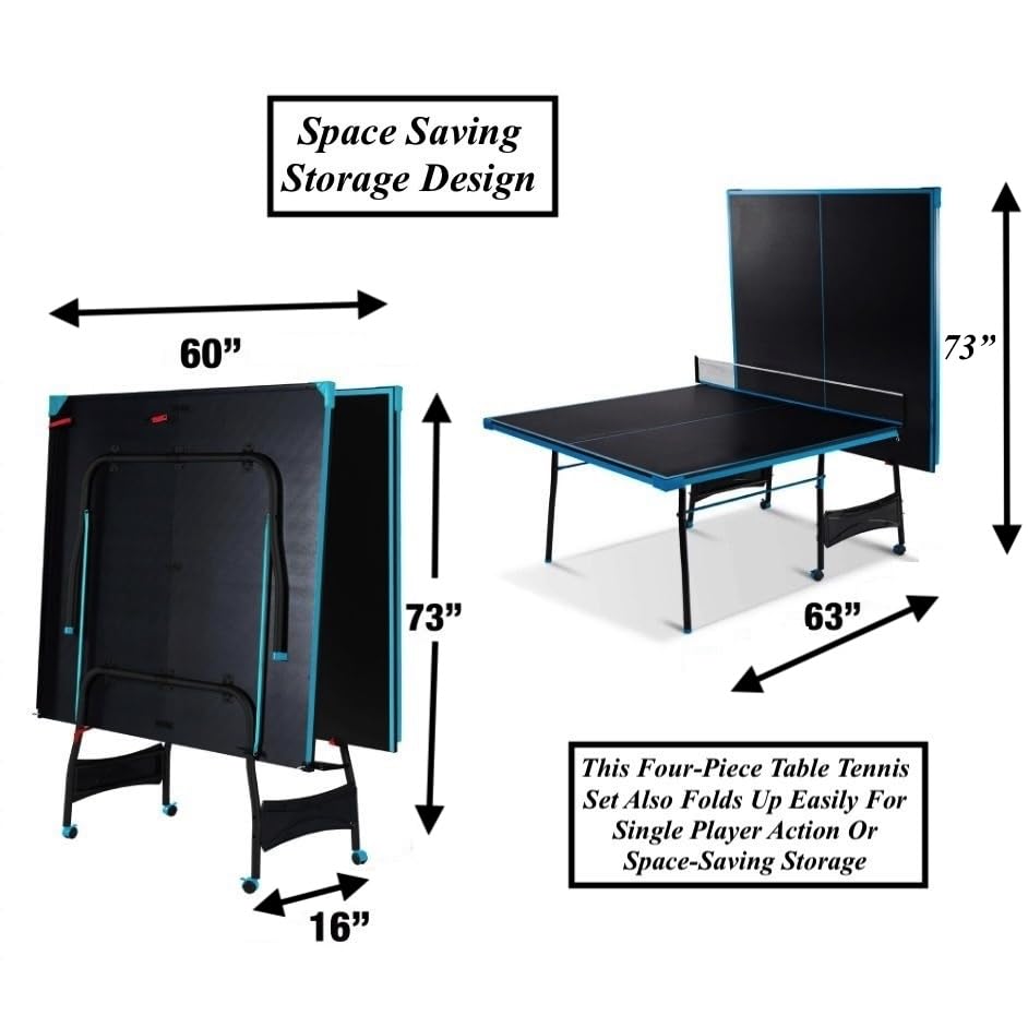 Black Blue Folding Rolling Table Tennis Table Indoor Ping Pong Table with 2 Paddles 2 Balls 1 Net and Post Set 4 Wheels for Easy Movement Perfect Christmas New Year Holiday Season Gifts