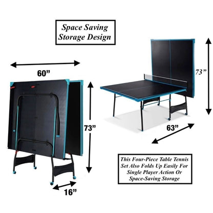 Black Blue Folding Rolling Table Tennis Table Indoor Ping Pong Table with 2 Paddles 2 Balls 1 Net and Post Set 4 Wheels for Easy Movement Perfect Christmas New Year Holiday Season Gifts