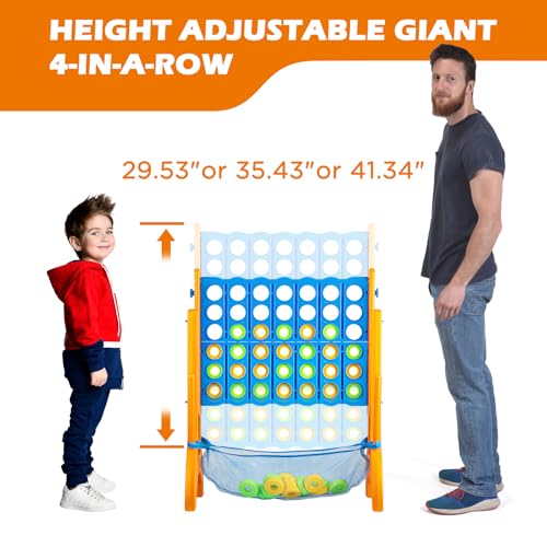 Ayeboovi Jumbo 4-in-A-Row Game, Adjustable Height 4-to-Score Family Strategy Board Game with Mesh Pocket, Oversized Backyard Outdoor Game for Kids & Adults