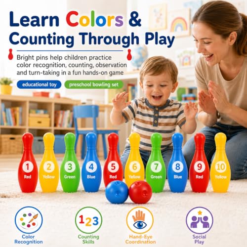 Kids Bowling Set Mini Plastic Bowling Toy Educational Indoor Outdoor Game for Toddlers Color Recognition .33 X 1.57 X 1.57 in 1 Set