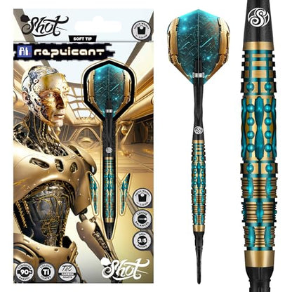 Shot! Darts AI Replicant Soft Tip Dart Set (20g) | 90% Tungsten Barrels | Center Weighted Black Titanium Coated | Pro Soft Tip Darts for Electronic Dartboard | Plastic Tip | Made in New Zealand