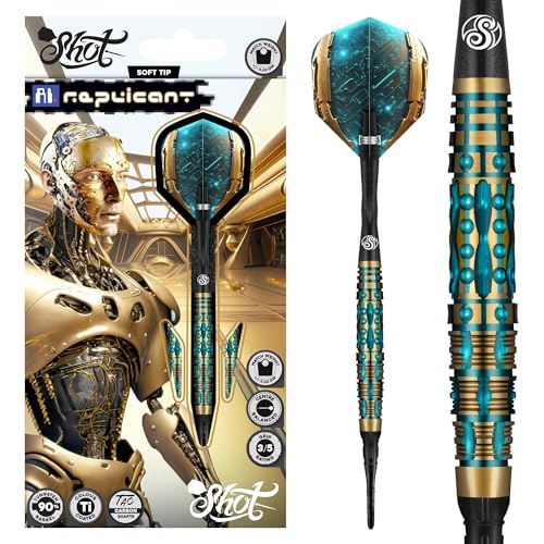 Shot! Darts AI Replicant Soft Tip Dart Set (20g) | 90% Tungsten Barrels | Center Weighted Black Titanium Coated | Pro Soft Tip Darts for Electronic Dartboard | Plastic Tip | Made in New Zealand