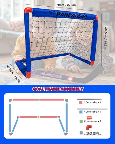 Pandahero Mini Hockey Net Set for Kids – Indoor Knee Floor Hockey Kit with 2 Goals - 27.5" x 18.3", 4 Mini Sticks & 8 Soft Foam Balls and Pucks – Indoor Toy Set for Boys & Girls