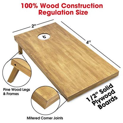 GoSports 4 ft x 2 ft Regulation Size Wooden Cornhole Boards Set with Light Brown Finish - Includes Carrying Case and Bean Bags - Gold & Yellow