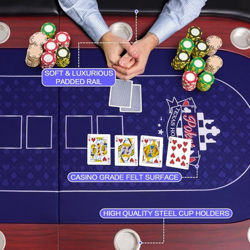RAYKEEP 86" Large Foldable Poker Table, 10-Player Casino-Style Texas Holdem & Blackjack Game Table with Cup Holders, Padded Rails for Home Game Room, Family Nights, and Parties (Black) - color: 86"