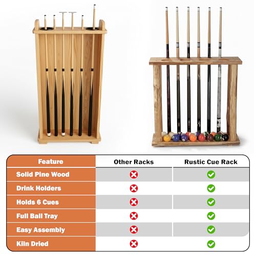 Rush Creek Creations Rustic Pine Billiard Pool Cue Rack for up to 6 Cues and 16 Billiard Balls, Floor Standing Pool Stick Holder with Cup Holders
