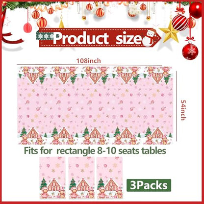 Gingerbread Christmas Tablecloths 3 Pack,Pink Disposable Plastic Christmas Table Covers 54 x 108 Inch with Gingerbread Man,House,Candy Snowflake Holiday Party Decorations - color: Christmas Pink Gingerbread
