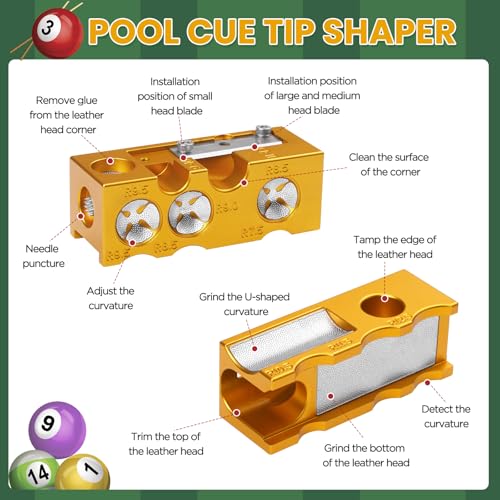 11-in-1 Aluminum Alloy Pool cue Tips Replacement kit,Pool cue tip Shaper,Professional Cue Stick Tool Kit,Pool cue Shaper Accessories for Replacement and Shaping Cue Tips (Yellow)