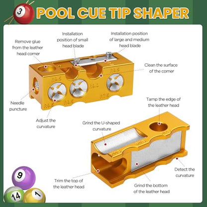 11-in-1 Aluminum Alloy Pool cue Tips Replacement kit,Pool cue tip Shaper,Professional Cue Stick Tool Kit,Pool cue Shaper Accessories for Replacement and Shaping Cue Tips (Yellow)