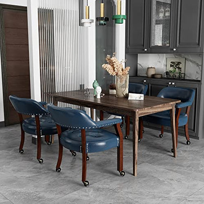 Set of 4 Dining Chair with Casters, Accent Captains Leather Chairs with Wheels & Arms,Wheeled Roller Wood Chairs for Kitchen & Game Poker Table,Cherry&Purplish Blue 1533LB(NO Table!) - color: Cherry&purplish Blue