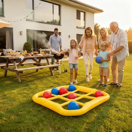 Giant Tic Tac Toe Game for Kids and Adults - Jumbo Inflatable Outdoor Yard Games - Large Backyard Lawn & Beach Activity Set - Portable Inflatable Family Strategy Game with 10 Tossing Balls