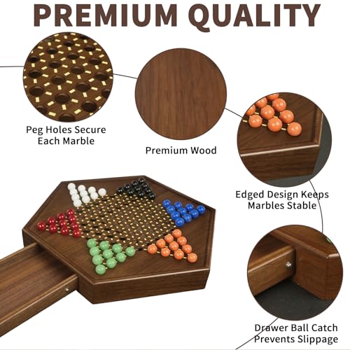 Chinese Checkers Board Game - 13” Large Wooden Checkers Game with Storage Drawer, 16mm Glass Marbles (60 + 12 Extras), Classic Family Strategy Game for 2-6 Players - size: 13"