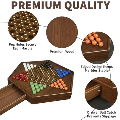 Chinese Checkers Board Game - 13” Large Wooden Checkers Game with Storage Drawer, 16mm Glass Marbles (60 + 12 Extras), Classic Family Strategy Game for 2-6 Players - size: 13"