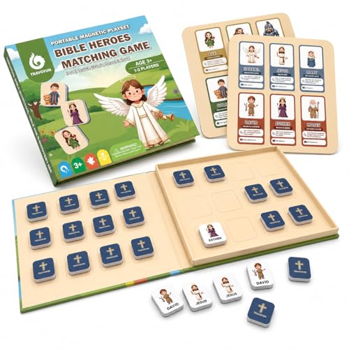 TRAVOFUN Bible Heroes Matching Game for Kids, Portable Magnetic Memory Game with Clue Cards, Christian Travel Toy for Church Quiet Time, Screen-Free Bible Game for Ages 3+, 1-2 Players - style: Bible Heroes Game
