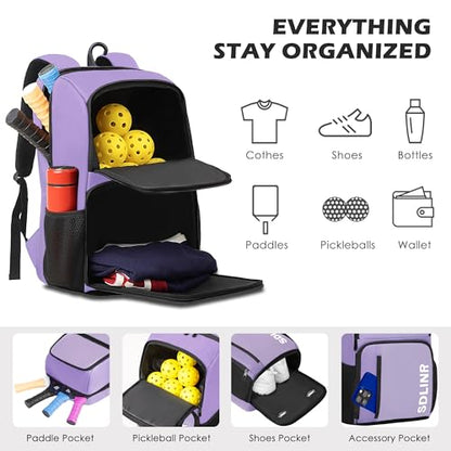 SDLINR Pickleball Bag Fits 4+ Paddles, Large Pickleball Backpack with Shoe Compartment and Fence Hook,Pickleball Gifts for Men Women - color: Purple
