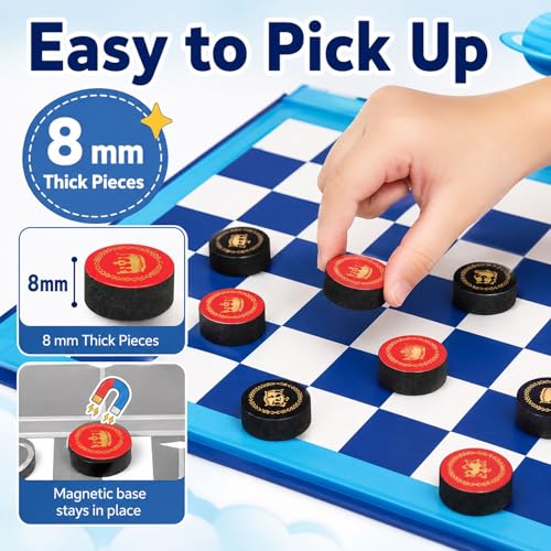 2-in-1 Travel Checkers and Tic Tac Toe Game for Kids Ages 8-12, Magnetic Checkers Board Game, Foldable Road Trip and Plane Activities - color: Checkers