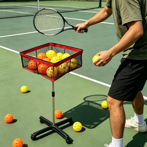 TNZMART Ping Pong Ball Pickleball Holder with Wheels, Height Adjustable Ping Pong Storage Cart, Portable Table Tennis Ball Collection Basket for Indoor Outdoor Training Practice