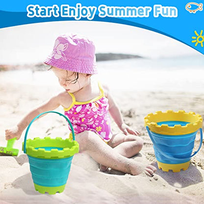 Jumbo Sand Beach Bucket Toys for Kids, Large Fodable Bucket with Mesh Bag, Silicon Travel Collasible Pail Toys For Sand Snow Fun, Sanbox Toy Garden Tools Perfect for Beach Snow Backyard Gifts 3 PACK - style: Fang
