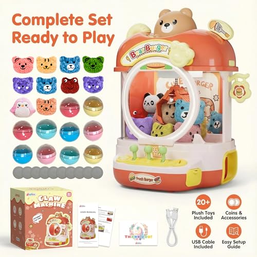 Burger Bear Claw Machine for Kids, Arcade Prize Grabber with 3-Joystick Coin-Style Controls, Lights and Music, Refillable Birthday Party Gift - color: Orange and Yellow