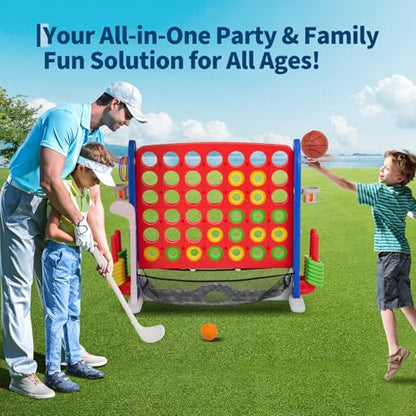 Giant 4 in a Row Game,Adjustable Height Board Jumbo 4-in-a-Row Game with Quick-Release Slider,Mini Basketball,Golf & Ring Toss Set for Family Party, Outdoor & Indoor