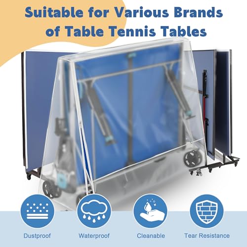 Ping Pong Table Cover for Indoor & Outdoor Folding Table Tennis Tables, Frosted Semi-Transparent PVC Table Protector, Waterproof, Side Zipper for Easy Fit, Fits 65''x28''x10''x69'' Tables