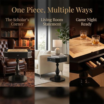 Black Finish Chess Game Table with Turned Pedestal | Hidden Storage Drawer, Reversible Tabletop, Chess & Backgammon Game Board, Sturdy Elegant Base, Side Table - size: 28''-Chess Table Black + Turned Pedestal