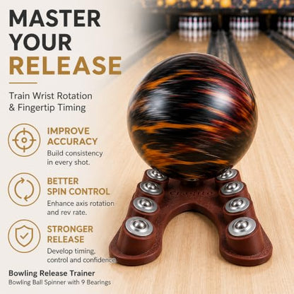 Bowling Release Trainer, Bowling Ball Spinner with 9 Bearings, Bowling Ball Release Trainer for Hook and Rev Practice, Curved Base Bowling Equipment with Anti-Slip Pads & Velvet Bag - color: Brown