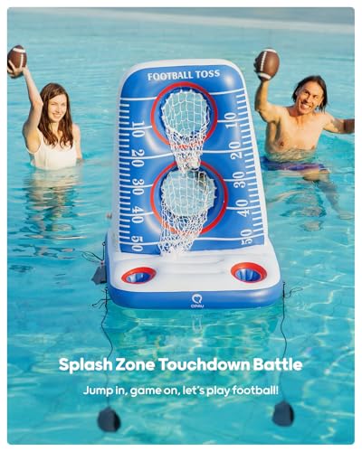 QPAU Inflatable Football Toss Game for Pool – Water Football Target with 4 Balls & 2 Pumps, Dual Net Design, Stable Base, Summer Pool Game for Kids & Adults (Blue+White) - color: Blue+white