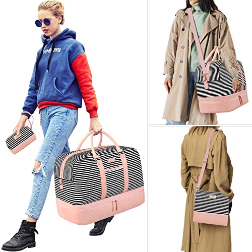 Weekender Bag for Women, Large Overnight Bag Canvas Travel Duffel Bag Carry On Tote with Shoe Compartment 21" 3Pcs Set - color: A07-pink+black & white stripes