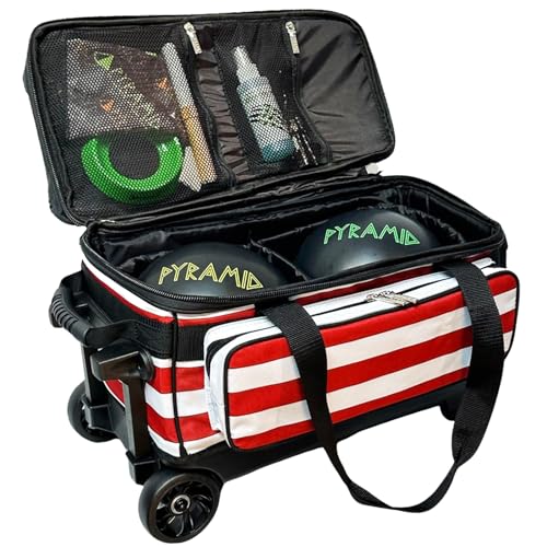 Pyramid Deluxe Double Roller 2 Ball Bowling Bag with Large Separate Shoe Compartment (Up To 2 Pairs Of Shoes) and Accessory Pockets, Sturdy Square Handle - Extends to 40" - Pro Options Available - color: Pro American Flag